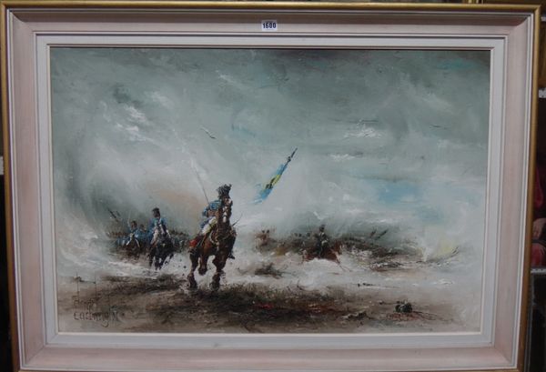 David Cartwright (20th century), Dutch Sixth Hussar and Brunswick Hussar's Charge, 1815, oil on canvas, signed, inscribed on overlap, 60cm x 90cm. DDS