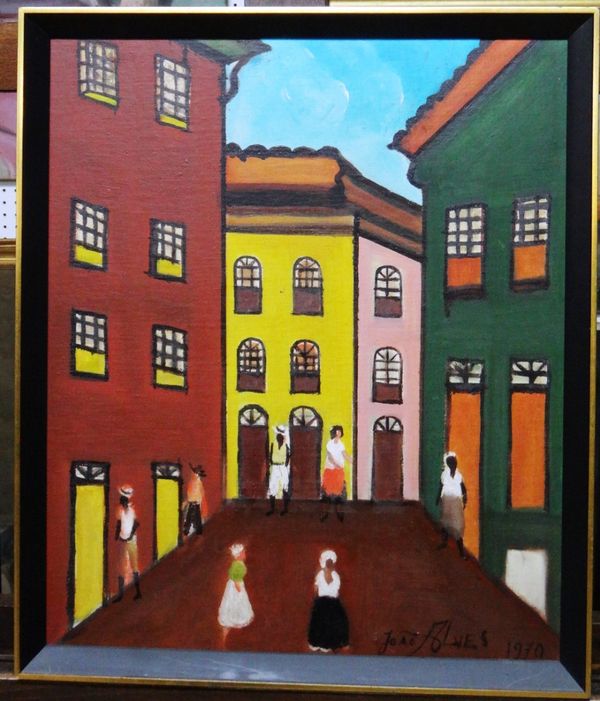 Joao Alves (20th century), Street scene, oil on canvas board, signed and dated 1970, 53cm x 44.5cm. DDS