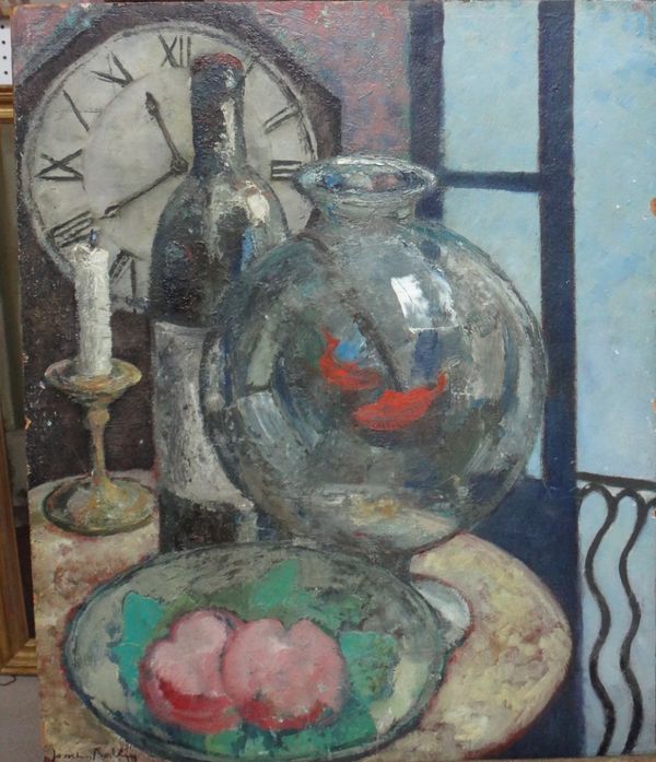 Josselin Bodley (1893-1974), Still Life of fruit, candle, bottle, clock and goldfish bowl, oil on board, signed, unframed, 41cm x 33cm, together with