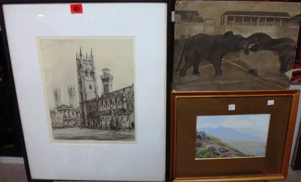 A small group of pictures, including an etching of a church by Wilfred Appleby; a pair of watercolour street scenes, two amateur oils of birds and ele