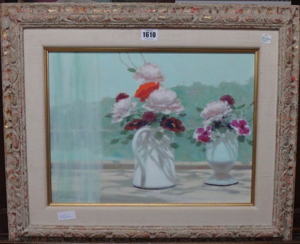 Andre Gisson (1921-2003), 'Reflections': floral-window with curtain, peonies, oil on canvas, signed, 30.5cm x 39.5cm.  Provenance:  with Frost & Reed.