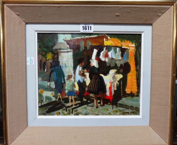 Charles McCall (1907-1989), The stall by the cathedral, oil on board, signed and dated 1969, 20.5cm x 25.5cm. DDS