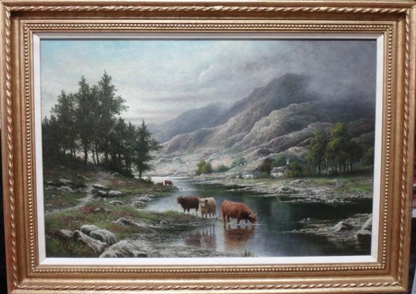 Charles A. Bool (19th/20th century), Highland loch scene with cattle watering, oil on canvas, signed and dated 1906, 50cm x 75cm.