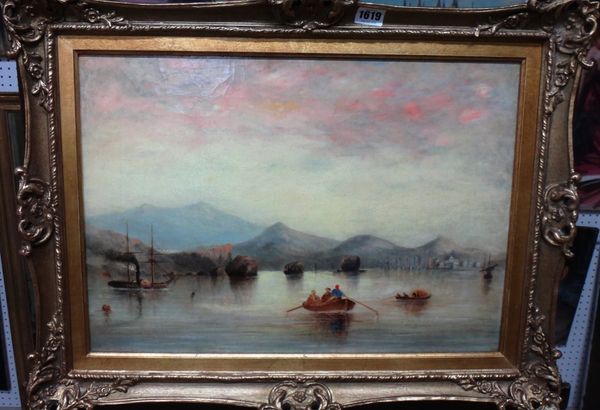 Follower of James Webb, Lake scene with figures in a boat, oil on canvas, bears a signature and date, 35cm x 50cm.