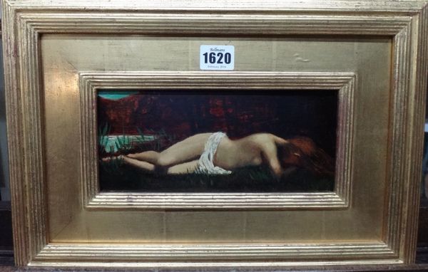 After Jean Jacques Henner, Reclining nude, oil on board, 10cm x 22cm.