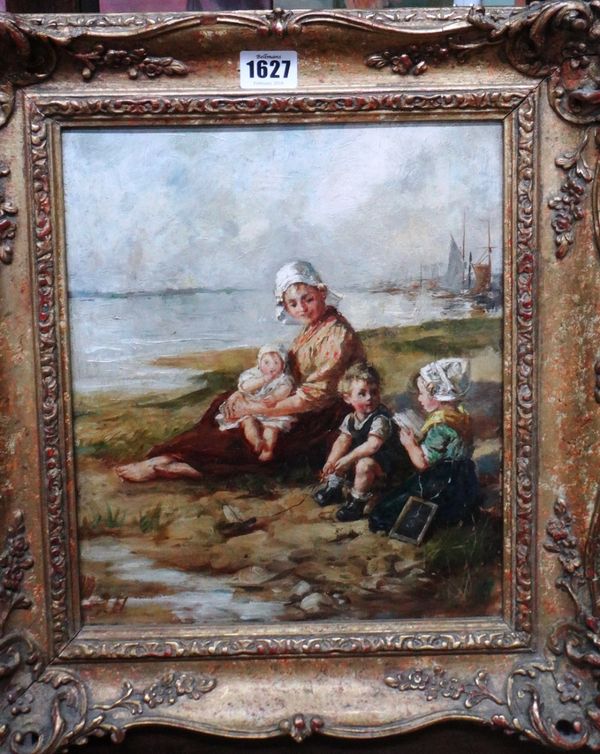 J**H** (late 19th century), Mother and children on a beach, oil on canvas, signed with initials, 29.5cm x 24.5cm.