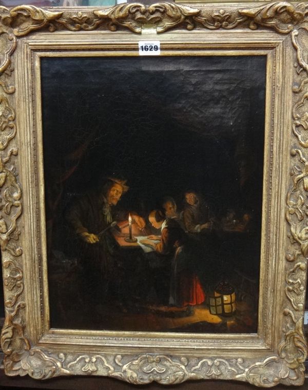 Continental School (19th century), Family group in a candlelit interior, oil on canvas, 44cm x 34cm.