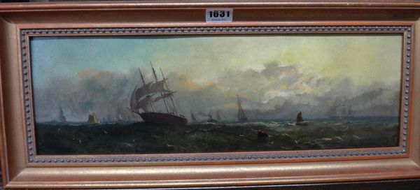 Attributed to Adolphus Knell (fl.1860-1890), Shipping at dusk, oil on board, indistinctly signed, 15cm x 46cm.