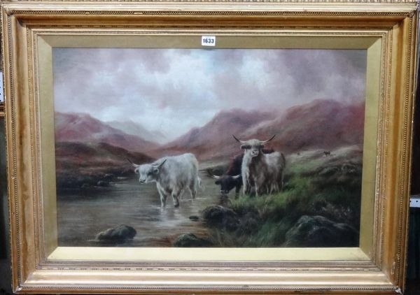 Frank Bennett (19th century), Highland Cattle Watering, oil on canvas, signed, 49.5cm x 74cm.