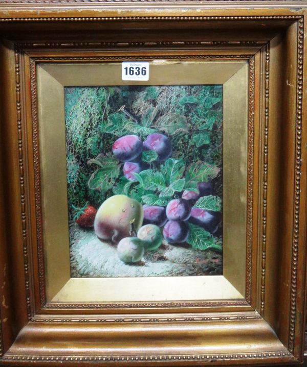 Oliver Clare (1853-1927), Still life studies of fruit on a mossy bank, a pair, oil on canvas, both signed, each 24cm x 19cm.(2)  Illustrated