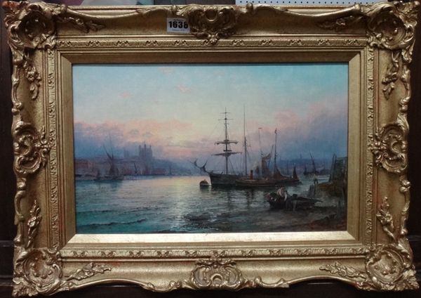 William Thornbery (fl.1858-1898), Unloading the catch by a town, oil on canvas, signed, 24cm x 39cm.