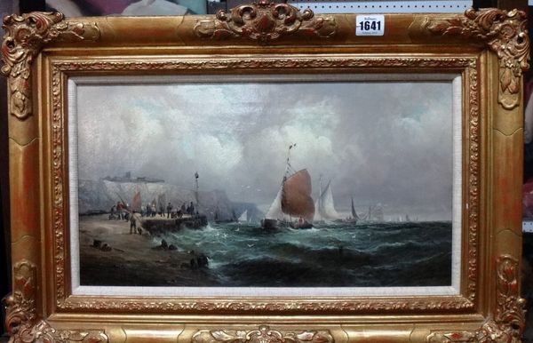 William Thornbery (fl.1858-1898), Coming into harbour, oil on canvas, signed, 24cm x 44cm.