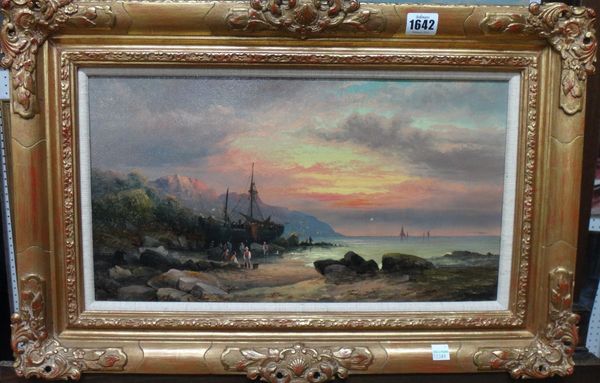 William Thornbery (fl.1858-1898), Carrening the Hull, oil on canvas, signed, 24cm x 44cm.