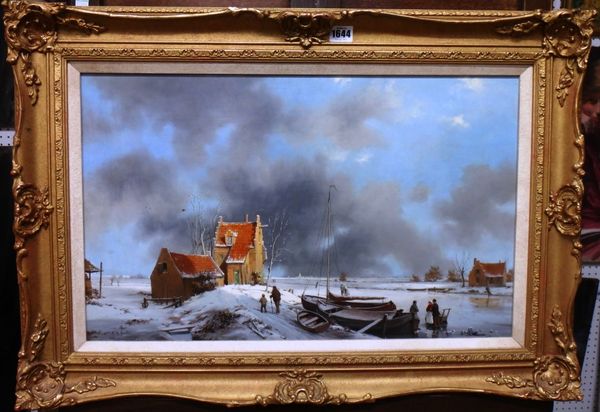 A. de Groote (1892-1947), Figures in a frozen Dutch winter landscape, oil on panel, signed, 37cm x 61cm.DDS  Illustrated