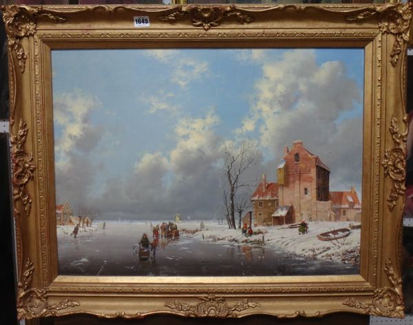 A. de Groote (1892-1947), Figures skating in a frozen Dutch winter landscape, oil on panel, signed, 48cm x 66cm. DDS  Illustrated