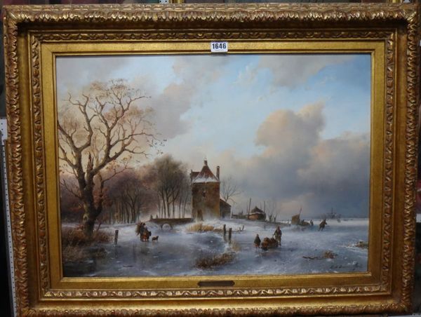 Petrus Marius Brouwer (1819-1886), Figures on a frozen river in a Dutch winter landscape, oil on panel, signed and dated 1845, 42.5cm x 59.5cm.  Illus