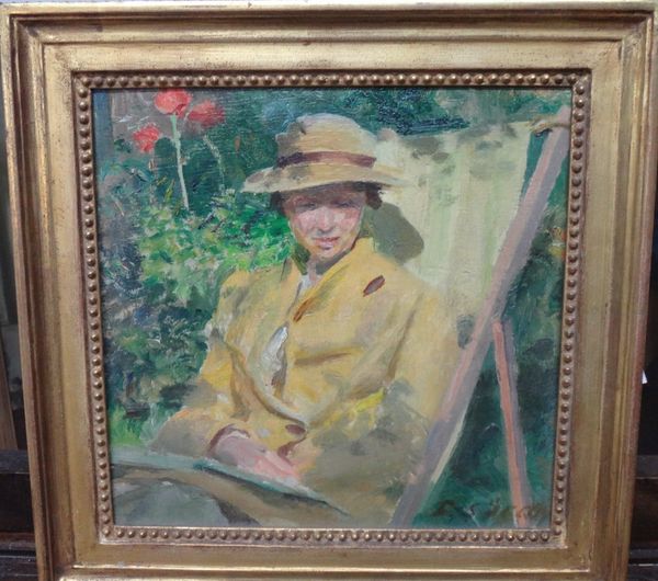 Douglas Stannus Gray (1890-1959), Kathleen in yellow in the garden, oil on panel, signed, 22cm x 22cm.Exhibited: Spink, 1986; 1995 DDS