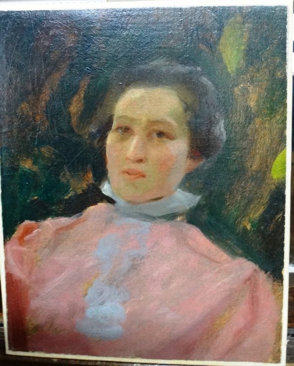 Douglas Stannus Gray (1890-1959), Head and shoulders of Rosalind in pink, oil on canvas, unframed, 28cm x 22.5cm.Exhibited: Spink 1990 DDS