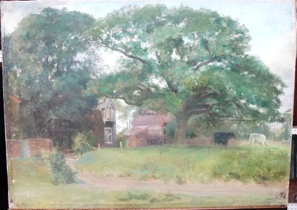 Douglas Stannus Gray (1890-1959), Trees and farm buildings, Wanborough, oil on canvas, unframed, 50cm x 69cm. DDS