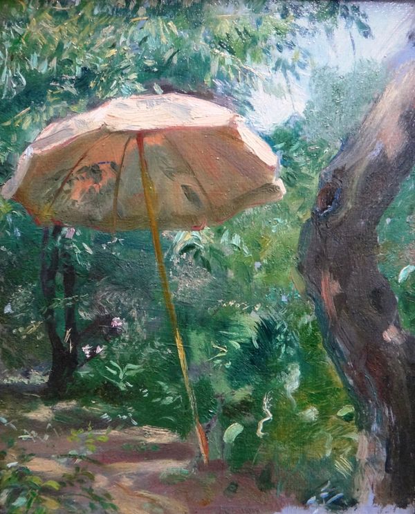 Douglas Stannus Gray (1890-1959), Sunshade amongst the trees, oil on canvas, 30cm x 25cm.  IllustratedExhibited: Spink 1986; 1990 DDS