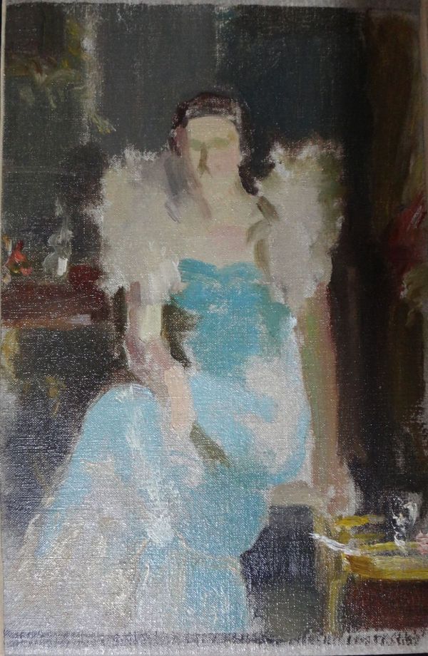 Douglas Stannus Gray (1890-1959), Sketch for portrait of Miss Elizabeth Hewitt, oil on canvas, unframed, 27cm x 18cm. DDS