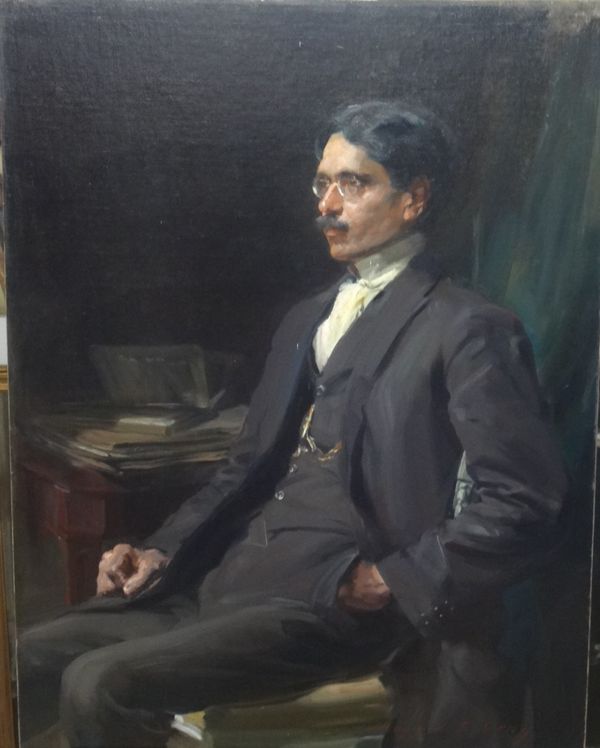 Douglas Stannus Gray (1890-1959), Portrait of Rustom Siddm Esq, oil on canvas, signed, unframed, 101cm x 84cm. Exhibited: London Portrait Society,  19