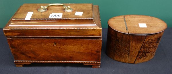 An inlaid George III rectangular tea caddy, later converted, 24cm wide, together with a George III oval rosewood tea caddy, 15cm wide. (2)