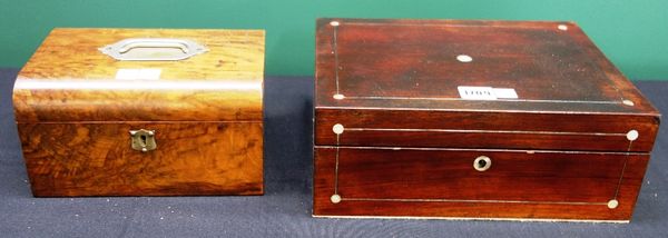 A 19th century mother of pearl inlaid rosewood box, 30cm wide, together with a Victorian walnut dome top box, 22cm wide.