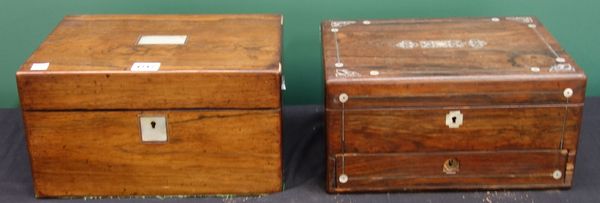 An early 19th century mother of pearl inlaid rosewood toilet box with fitted interior and side sprung drawer, 31cm wide, together with another similar