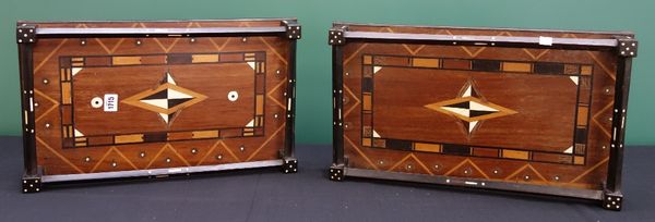 A pair of early 20th century Anglo-Indian bone inlaid specimen wood galleried rectangular trays, 50cm x 30cm. (2)