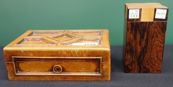 A Victorian figured walnut and mahogany geometric moulded box, 20cm wide, together with a mid 20th century hardwood tea caddy of cube form stamped Joh