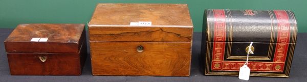 A 19th century rosewood tea caddy with single lidded canister and mixing bowl, 26cm wide, a 19th century mahogany box, 18cm wide and a leather bound s