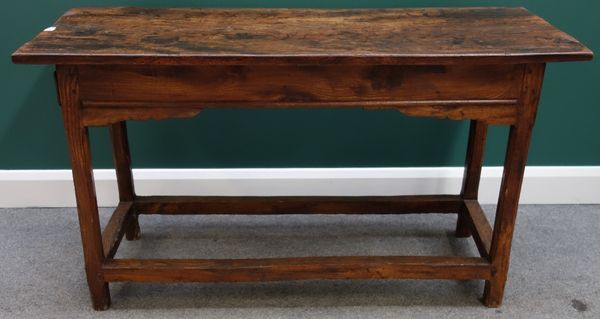 An 18th century elm side table, on canted square supports united by perimeter stretcher (adapted), 54cm x 137cm.