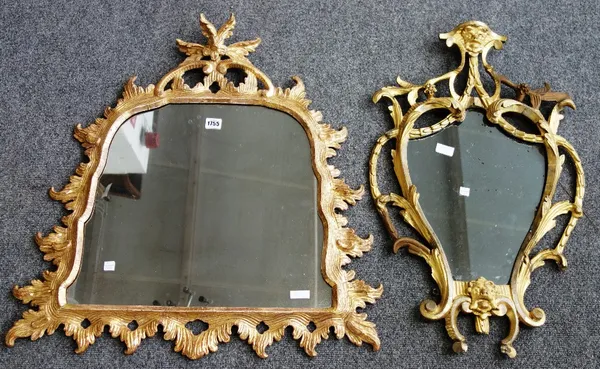 A George III gilt framed wall mirror, with floral crest above shaped arch top, the mirror plate 67cm wide x 71cm high, together with a 19th century sh