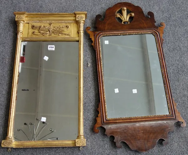 An early 19th century gilt framed rectangular wall mirror with quiver and bow upper frieze, 39cm wide x 68cm high, together with a 19th century parcel