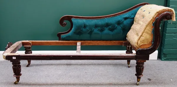 A William IV rosewood scroll end chaise longue frame, on tapering reeded supports, 190cm wide.