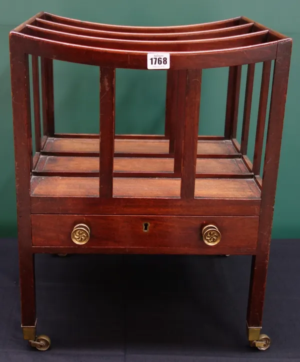 A George III and later mahogany Canterbury, with three concave dividers over single drawer, on square supports, 40cm wide.