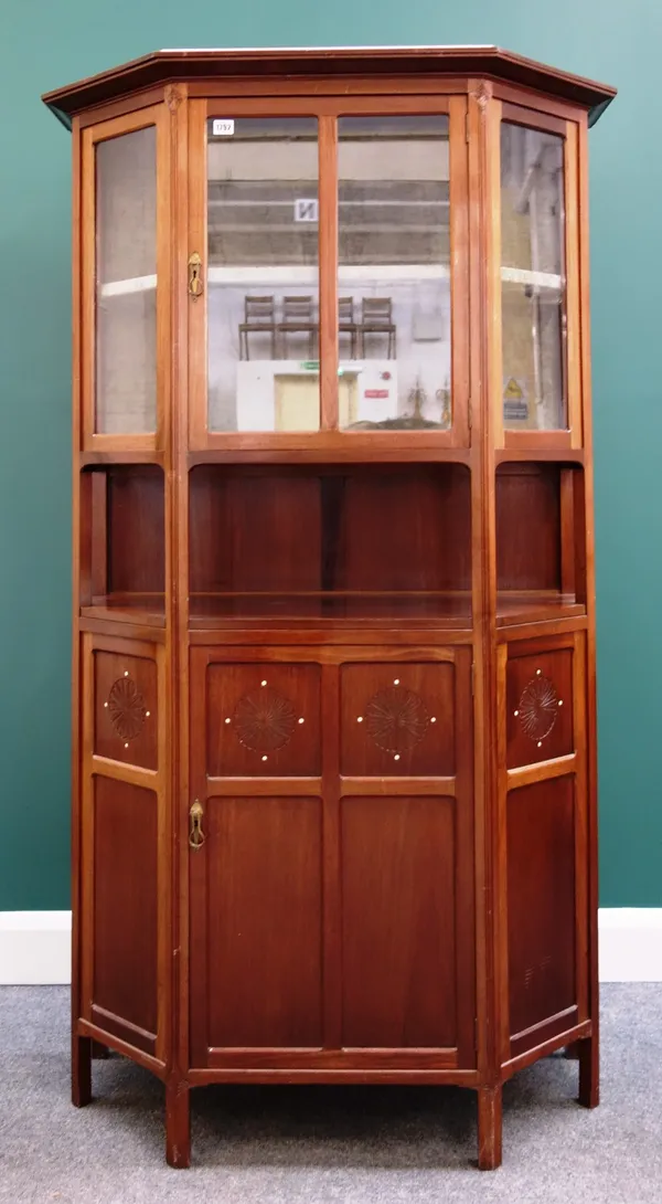Attributed to Jac Van Den Bosch, an early 20th century ivory inlaid mahogany display cabinet/cupboard on block feet, 90cm wide x 175cm high.