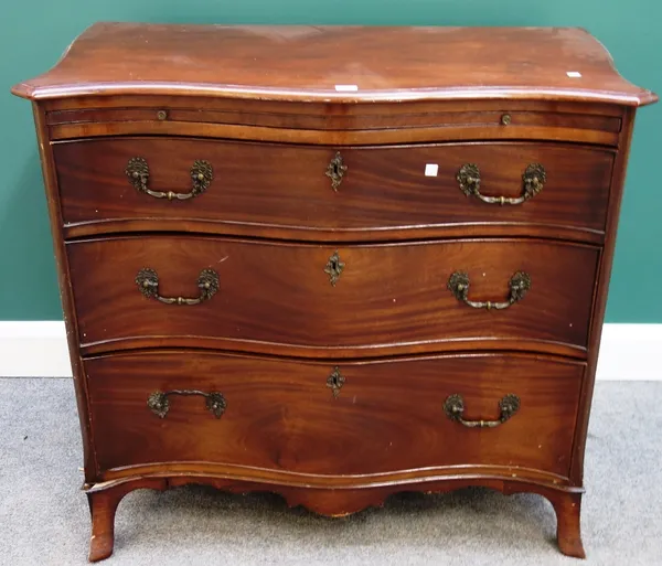 A made-up 19th century mahogany serpentine chest, the brushing slide over three long graduated drawers, on splayed bracket feet, 98cm wide.