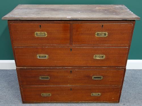 A 19th century mahogany two part campaign chest of two short and three long drawers, with a later top, 112cm wide.