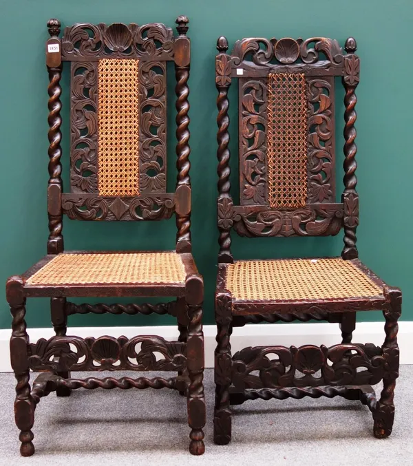 Two similar 17th century stained beech side chairs with barley-twist supports. (2)