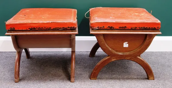 A pair of early 20th century French square lift top stools on 'X' frame supports, 47cm wide.