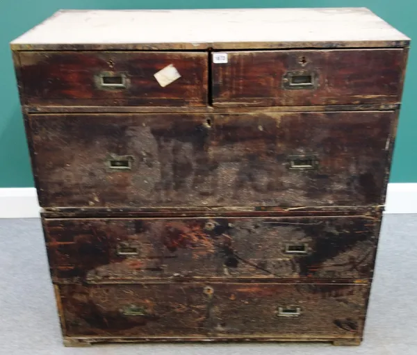 A 19th century mahogany two part campaign chest of two short and three long drawers, 97cm wide.