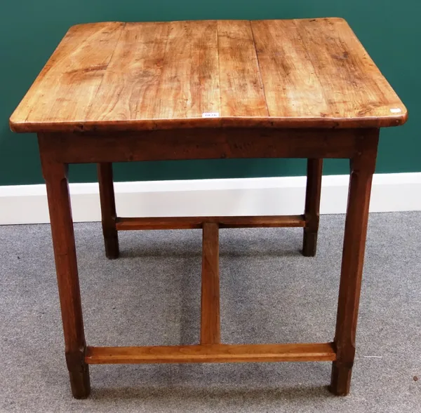 An 18th century French fruitwood square table on canted square supports, 80cm wide.