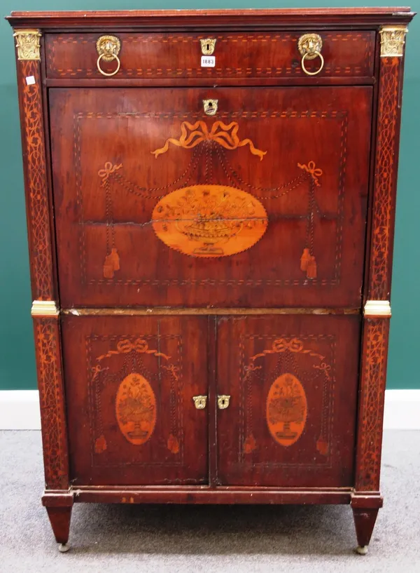 An early 19th century Dutch gilt metal and marquetry inlaid mahogany secretaire a abattant (a.f.), 95cm wide.