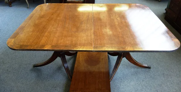 A 19th century and later mahogany 'D' end extending dining table on six downswept supports, to include one extra leaf, 108cm wide x 152cm long x 197cm