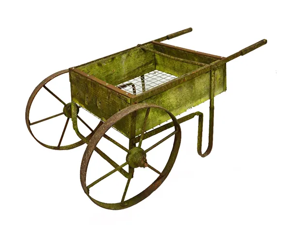 A Victorian oak and iron framed garden barrow with cast iron spoke wheels, 150cm wide.  Illustrated