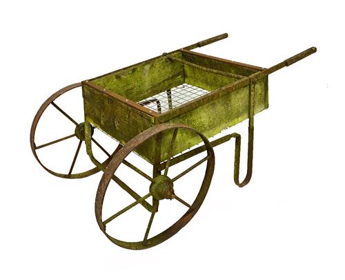 A Victorian oak and iron framed garden barrow with cast iron spoke wheels, 150cm wide.  Illustrated