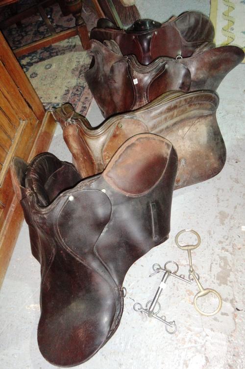 A group of five saddles, including a child's saddle, a jockey saddle, a jumping saddle and two others, together with two horse bits. (7)