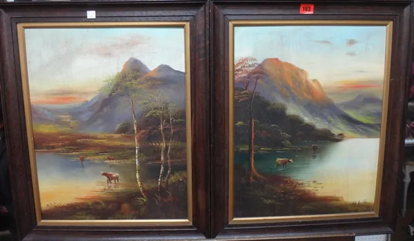 Hal Burton (early 20th century), Highland loch scenes, a pair, on board, both signed, together with another smaller by the same hand.(3).